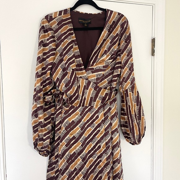 Vintage Donna Ricco Silk Brown Beige Print Long Balloon Sleeve Wrap Dress Size 8 - Picture 1 of 9